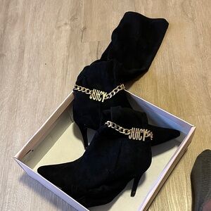 Juicy Couture Black Heeled Boots with Gold Chain